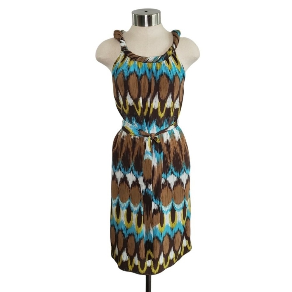 Banana Republic Women's XS Ikat Pattern 100% Silk Sleeveless Dress Brown Blue